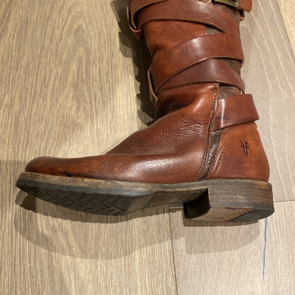 Frye Tooled Pull-on Boots Knee High Brown Leather W/ buckle Sz 7.5 EUC - Picture 5 of 9